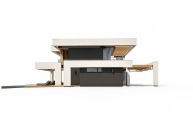 Havuzu ve park yeri olan modern konforlu bir evin 3 boyutlu tasarımı. Satılık ya da lüks tarzda. Beyazda izole edilmiş