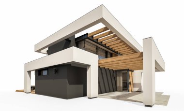 Havuzu ve park yeri olan modern konforlu bir evin 3 boyutlu tasarımı. Satılık ya da lüks tarzda. Beyazda izole edilmiş