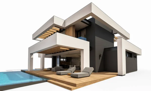 三维渲染现代舒适的房子 带有游泳池和停车场供出售或以豪华风格出租 与白种人隔离 — 图库照片