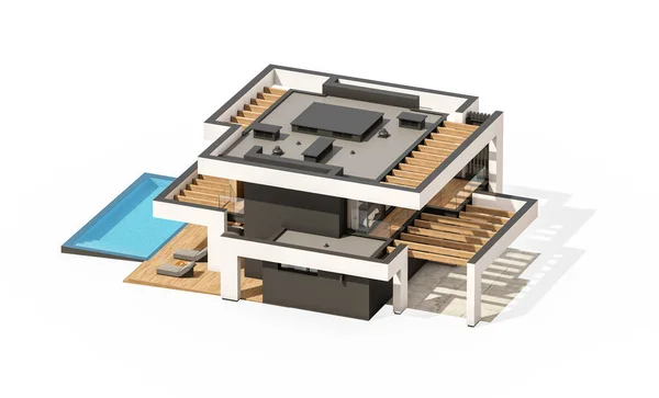 Rendering Von Modernen Gemütlichen Haus Mit Pool Und Parkplatz Zum — Stockfoto