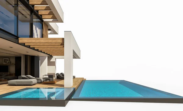 三维渲染现代舒适的房子 带有游泳池和停车场供出售或以豪华风格出租 与白种人隔离 — 图库照片