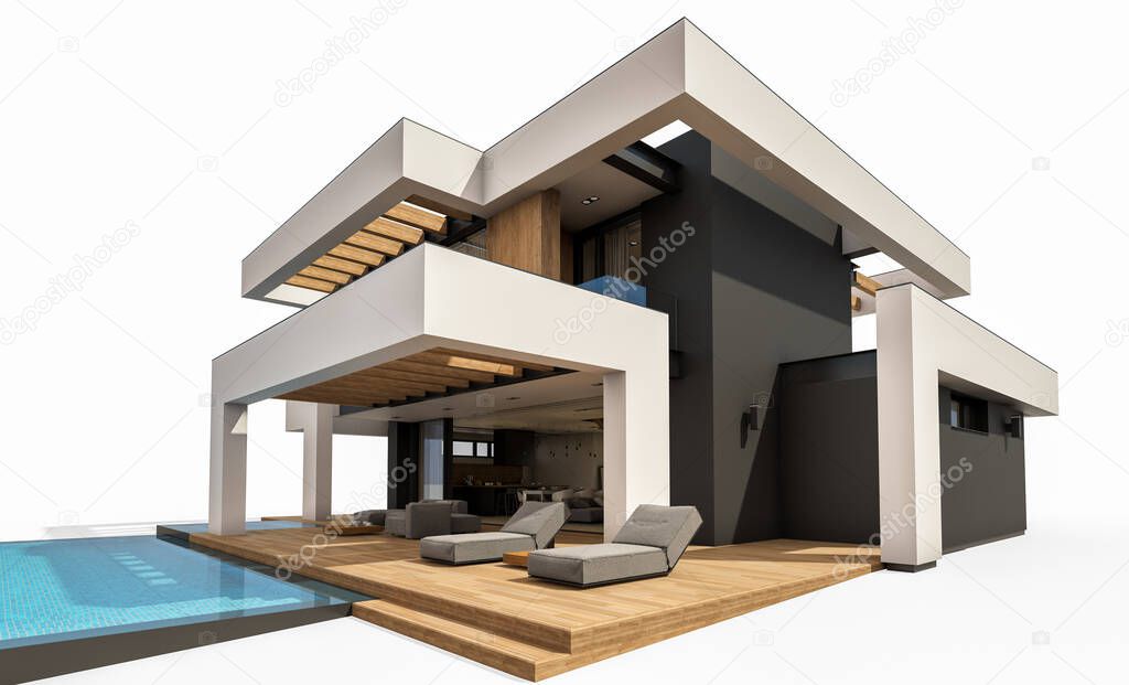 3d rendering of modern cozy house with pool and parking for sale or rent in luxurious style. Isolated on white