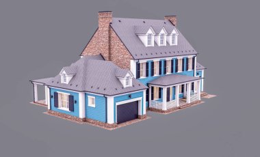 Modern konforlu klasik evin, garajı ve havuzu satılık ya da akşamları kiralanacak şekilde tasarlanmış hali. Gri renkte izole edilmiş.