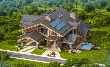 Havuzu ve kiralık park yeri olan modern konforlu bir dağ evi. Arka planda güzel orman dağları. Devasa kereste kirişleri. Bulutsuz gökyüzü açık güneşli bir yaz günü.