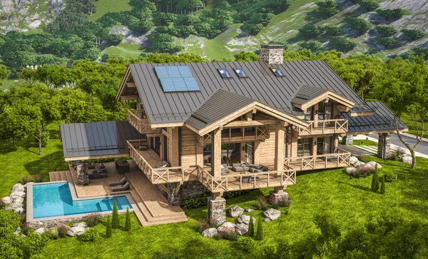 Rendering Modern Cozy Chalet Dengan Kolam Renang Dan Parkir Untuk — Stok Foto