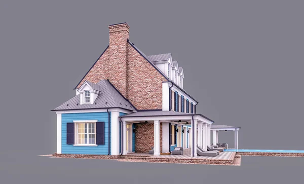 3D风格的现代舒适古典式住宅 带有车库和游泳池供晚上出售或出租 在灰暗中被隔离 — 图库照片