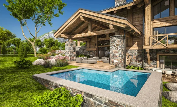 Rendering Modern Cozy Chalet Pool Parking Sale Rent Beautiful Forest — Stock Photo, Image