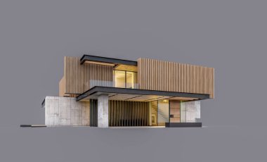 Akşamları park yeri ve havuzu satılık ya da ahşap cepheli modern konforlu ev. Gri renkte izole edilmiş