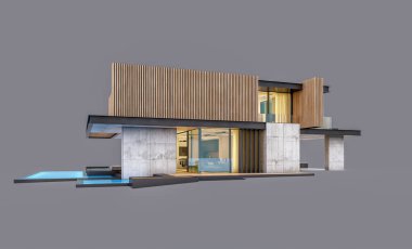 Akşamları park yeri ve havuzu satılık ya da ahşap cepheli modern konforlu ev. Gri renkte izole edilmiş