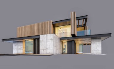 Akşamları park yeri ve havuzu satılık ya da ahşap cepheli modern konforlu ev. Gri renkte izole edilmiş