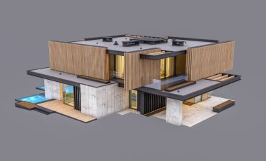 Akşamları park yeri ve havuzu satılık ya da ahşap cepheli modern konforlu ev. Gri renkte izole edilmiş