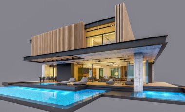 Akşamları park yeri ve havuzu satılık ya da ahşap cepheli modern konforlu ev. Gri renkte izole edilmiş