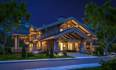 Havuzu ve kiralık park yeri olan modern konforlu bir dağ evi. Arka planda güzel orman dağları. Devasa kereste kirişleri. Gökyüzünde bir sürü yıldızla berrak bir yaz gecesi.