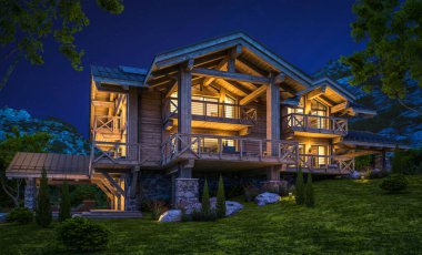 Havuzu ve kiralık park yeri olan modern konforlu bir dağ evi. Arka planda güzel orman dağları. Devasa kereste kirişleri. Gökyüzünde bir sürü yıldızla berrak bir yaz gecesi.