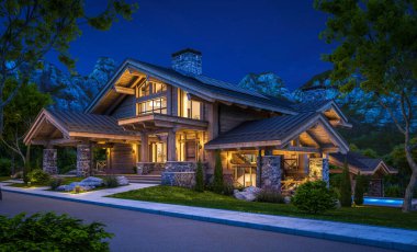 Havuzu ve kiralık park yeri olan modern konforlu bir dağ evi. Arka planda güzel orman dağları. Devasa kereste kirişleri. Gökyüzünde bir sürü yıldızla berrak bir yaz gecesi.