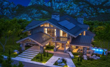 Havuzu ve kiralık park yeri olan modern konforlu bir dağ evi. Arka planda güzel orman dağları. Devasa kereste kirişleri. Gökyüzünde bir sürü yıldızla berrak bir yaz gecesi.