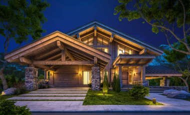 Havuzu ve kiralık park yeri olan modern konforlu bir dağ evi. Arka planda güzel orman dağları. Devasa kereste kirişleri. Gökyüzünde bir sürü yıldızla berrak bir yaz gecesi.