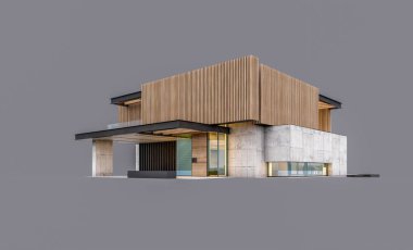 Akşamları park yeri ve havuzu satılık ya da ahşap cepheli modern konforlu ev. Gri renkte izole edilmiş