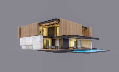 Akşamları park yeri ve havuzu satılık ya da ahşap cepheli modern konforlu ev. Gri renkte izole edilmiş