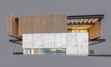 Akşamları park yeri ve havuzu satılık ya da ahşap cepheli modern konforlu ev. Gri renkte izole edilmiş