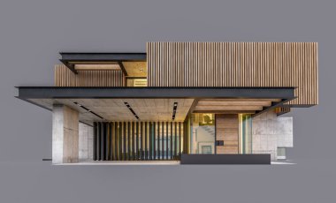 Akşamları park yeri ve havuzu satılık ya da ahşap cepheli modern konforlu ev. Gri renkte izole edilmiş