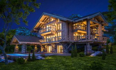 Havuzu ve kiralık park yeri olan modern konforlu bir dağ evi. Arka planda güzel orman dağları. Devasa kereste kirişleri. Gökyüzünde bir sürü yıldızla berrak bir yaz gecesi.