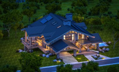 Havuzu ve kiralık park yeri olan modern konforlu bir dağ evi. Arka planda güzel orman dağları. Devasa kereste kirişleri. Gökyüzünde bir sürü yıldızla berrak bir yaz gecesi.