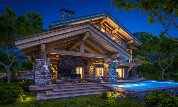 Rendering Modern Cozy Chalet Pool Parking Sale Rent Massive Timber — Stock Photo, Image