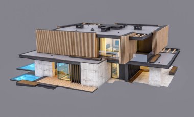 Akşamları park yeri ve havuzu satılık ya da ahşap cepheli modern konforlu ev. Gri renkte izole edilmiş