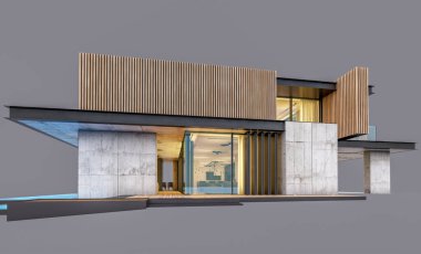 Akşamları park yeri ve havuzu satılık ya da ahşap cepheli modern konforlu ev. Gri renkte izole edilmiş