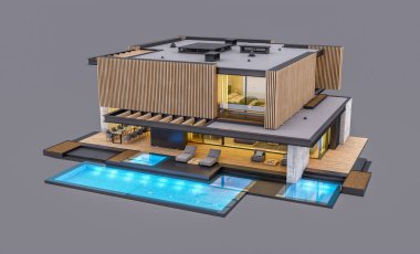 Akşamları park yeri ve havuzu satılık ya da ahşap cepheli modern konforlu ev. Gri renkte izole edilmiş