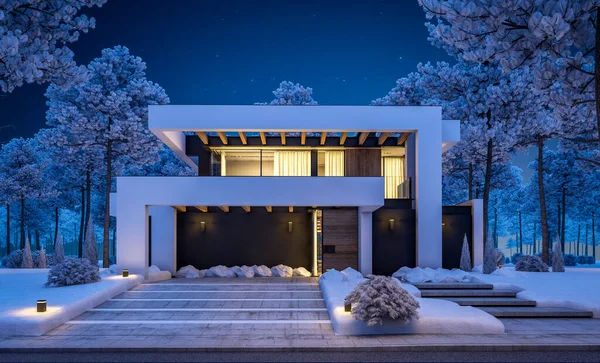 三维渲染现代舒适的房子 带有游泳池和停车场出售或租赁的豪华风格和美丽的背景景观 寒冷的冬夜 天上有星星 — 图库照片