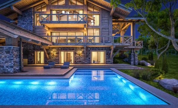 Rendering Modern Cozy Chalet Pool Parking Sale Rent Massive Timber — Stock Photo, Image