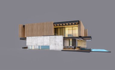 Akşamları park yeri ve havuzu satılık ya da ahşap cepheli modern konforlu ev. Gri renkte izole edilmiş