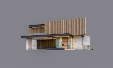 Akşamları park yeri ve havuzu satılık ya da ahşap cepheli modern konforlu ev. Gri renkte izole edilmiş