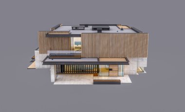 Akşamları park yeri ve havuzu satılık ya da ahşap cepheli modern konforlu ev. Gri renkte izole edilmiş