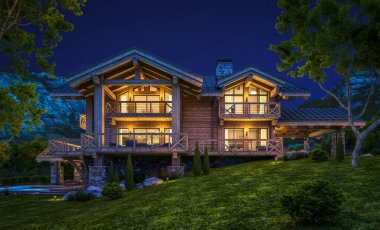 Havuzu ve kiralık park yeri olan modern konforlu bir dağ evi. Devasa kereste kirişleri. Arka planda güzel orman dağları. Gökyüzünde bir sürü yıldızla berrak bir yaz gecesi.