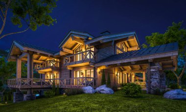 Havuzu ve kiralık park yeri olan modern konforlu bir dağ evi. Devasa kereste kirişleri. Arka planda güzel orman dağları. Gökyüzünde bir sürü yıldızla berrak bir yaz gecesi.