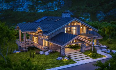 Havuzu ve kiralık park yeri olan modern konforlu bir dağ evi. Devasa kereste kirişleri. Arka planda güzel orman dağları. Gökyüzünde bir sürü yıldızla berrak bir yaz gecesi.