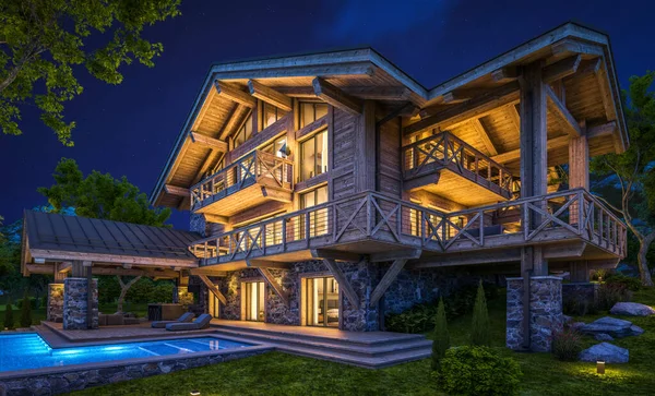 Rendering Modern Cozy Chalet Dengan Kolam Renang Dan Parkir Untuk — Stok Foto