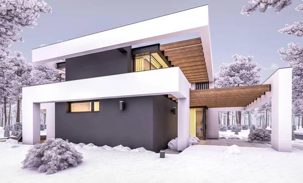 3d rendering of modern cozy house with pool and parking for sale or rent in luxurious style and beautiful landscaping on background. Cool winter evening with cozy light from windows