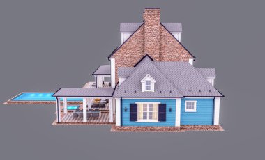 Modern konforlu klasik evin, garajı ve havuzu satılık ya da akşamları kiralanacak şekilde tasarlanmış hali. Gri renkte izole edilmiş.