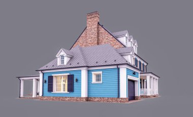 Modern konforlu klasik evin, garajı ve havuzu satılık ya da akşamları kiralanacak şekilde tasarlanmış hali. Gri renkte izole edilmiş.