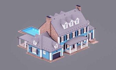 Modern konforlu klasik evin, garajı ve havuzu satılık ya da akşamları kiralanacak şekilde tasarlanmış hali. Gri renkte izole edilmiş.