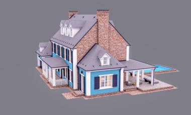 Modern konforlu klasik evin, garajı ve havuzu satılık ya da akşamları kiralanacak şekilde tasarlanmış hali. Gri renkte izole edilmiş.