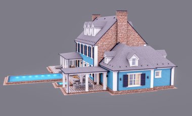 Modern konforlu klasik evin, garajı ve havuzu satılık ya da akşamları kiralanacak şekilde tasarlanmış hali. Gri renkte izole edilmiş.