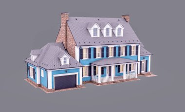 Modern konforlu klasik evin, garajı ve havuzu satılık ya da akşamları kiralanacak şekilde tasarlanmış hali. Gri renkte izole edilmiş.