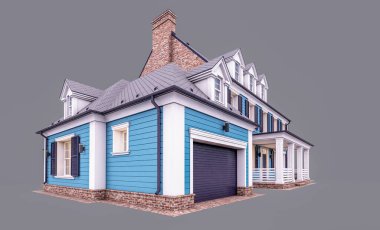 Modern konforlu klasik evin, garajı ve havuzu satılık ya da akşamları kiralanacak şekilde tasarlanmış hali. Gri renkte izole edilmiş.