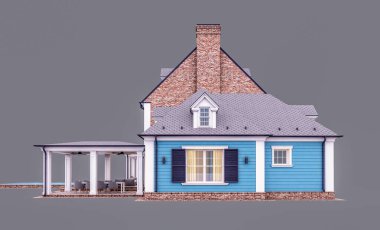 Modern konforlu klasik evin, garajı ve havuzu satılık ya da akşamları kiralanacak şekilde tasarlanmış hali. Gri renkte izole edilmiş.