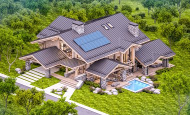 Havuzu ve kiralık park yeri olan modern konforlu bir dağ evi. Devasa kereste kirişleri. Arka planda güzel orman dağları. Pencerenin sıcacık ışıklarıyla berrak bir yaz akşamı